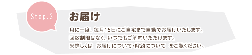月に一度、毎月15日前後にご自宅までお届けいたします